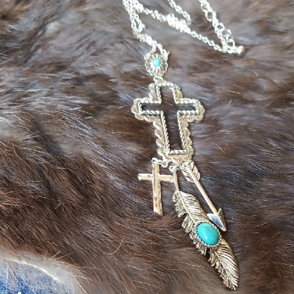 Silver and Turquoise Cross Pendant Necklace